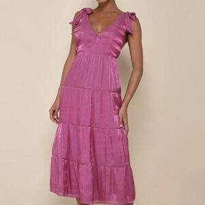 NWT Lulus Exemplary Shine Magenta Organza Tie-Strap Tiered Midi Dress​